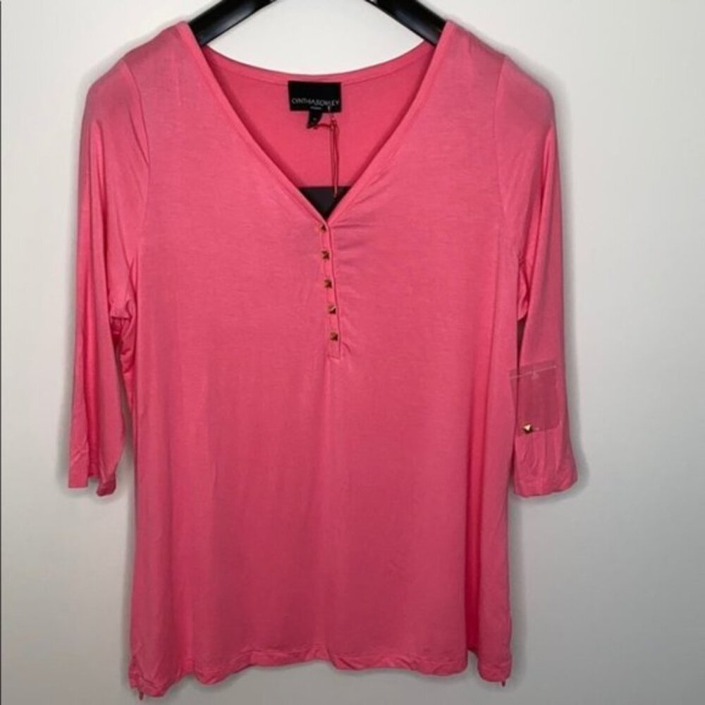Cynthia Rowley Women Pink V-Neckline Button Down 3/4 Sleeves Top Plus Size 1X